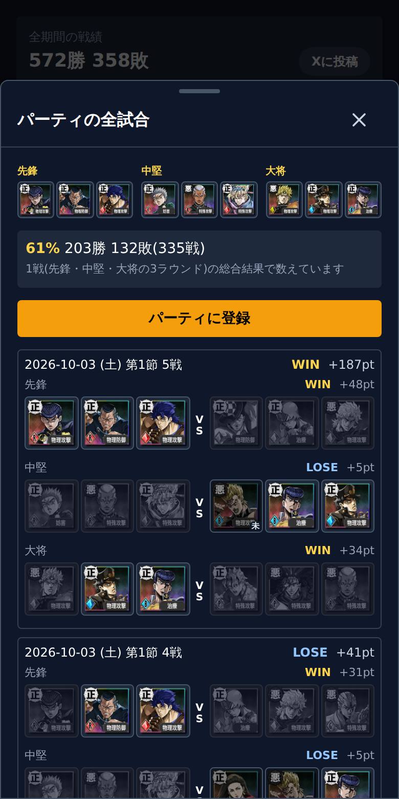 全試合の詳細。各ラウンドの勝敗・pt・戦闘不能になったキャラまで振り返れます
